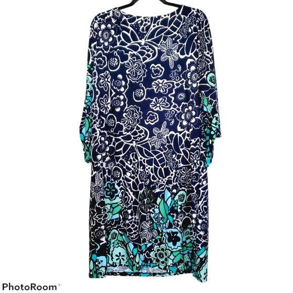 Notations NWT Plus Size Wide Neck Midi Length 3/4 Sleeve Dress Blue Green 376 - Picture 3 of 10